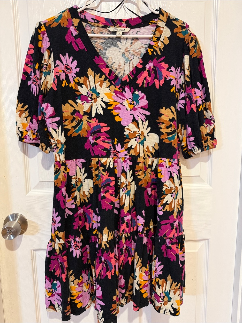 The Pioneer Woman Black Multicolor Floral V-Neck Tiered MiniDress Puff Sleeve XL